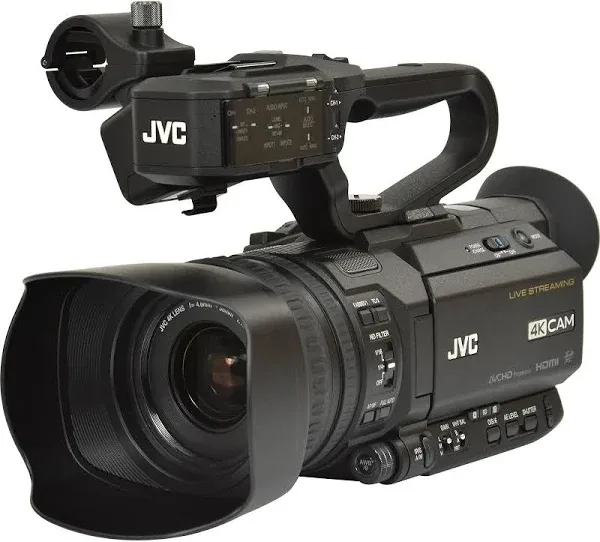 JVC GY-HM250 GY-HM250U UHD 4K Streaming Camcorder + 64GB SDXC Card + 62mm 3 Piece Filter Kit QAN0067-003 Microphone + Memory Card Wallet + Professional 160 LED Video Light Studio Series Bundle