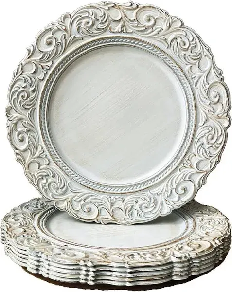 Antique White Charger Plates, 13 Inch Plate Chargers for Dinner Plates. Set of 6 Plastic Embossed Charger for Dinner, Party, Wedding,