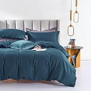 MILDLY Queen Duvet Cover Set Peacock Blue 100% Long-Staple Cotton Sateen Weave Luxury Comfortable Comforter Cover Set with Zipper Closure & Corner Tie (No Comforter)