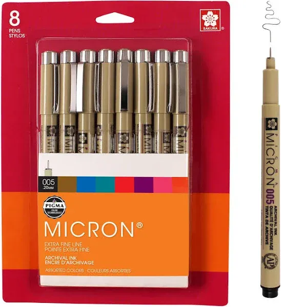 Sakura Pigma Micron 005 8 Color Set Water Based Pigment for Illustration