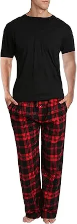 "Men's Short Sleeve Flannel Pajama Set In Dark Navy Tartan Plaid"