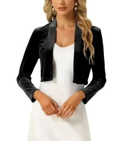 Allegra K Women's Velvet Shrugs for Long Sleeve Open Front Cardigan Cropped Bolero Jacket