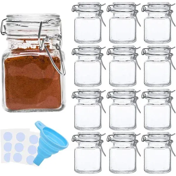 Spice Jars 12 Pack 4oz Small Glass Jars with Airtight Hinged Lid With 12 Spic...