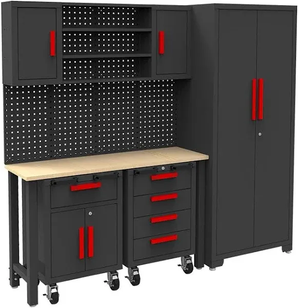 6-Pcs Workshop Tool Chest Storage Cabinet with Pegboard and Wooden Work Top