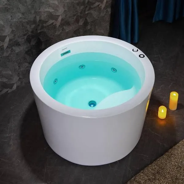 WoodBridge 41" Acrylic Freestanding Round Contemporary Whirlpool Heated Jetted Tub with Pre-molded Seat and