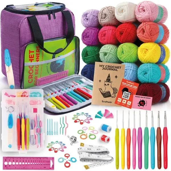 Craftwiz Ultimate Beginner Crochet Kit for Adults and Kids - Learn to Crochet with Complete Crochet Starter Kit - Perfect Crocheting Kit for Beginners - Includes 20 Yarn Skeins, 9 Hooks, Crochet Book