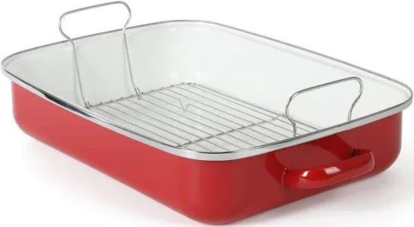 Martha Stewart Thayer 18" Enamel On Steel Roaster Pan w/Stainless Steel Rack - Red