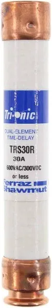 Mersen TRS-R Tri-Onic Time-Delay/Class RK5 Fuse, 600VAC/300VDC, 200kA AC/20kA DC, 30 Ampere, 13/16" Diameter x 5" Length