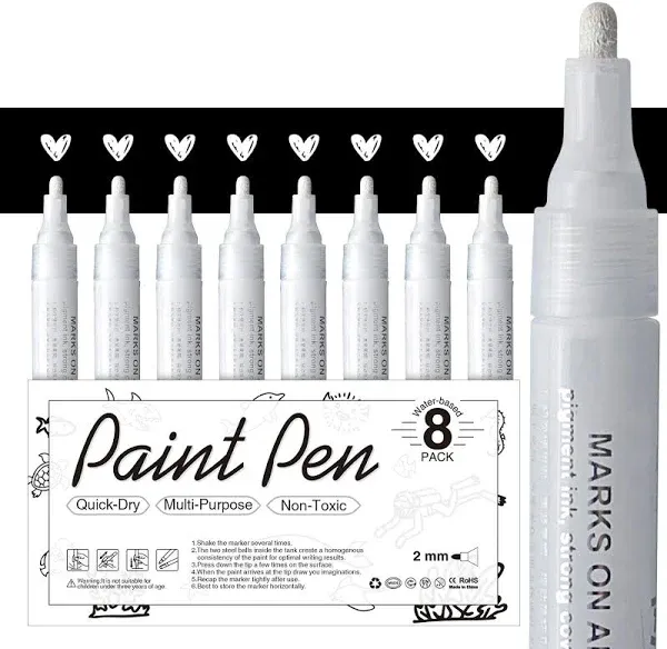 White Paint Pen for Art 8Pack Acrylic White Paint Marker for Rock Painting, Stone, Wood, Canvas, Glass, Metal, Metallic, Ceramic, Tire