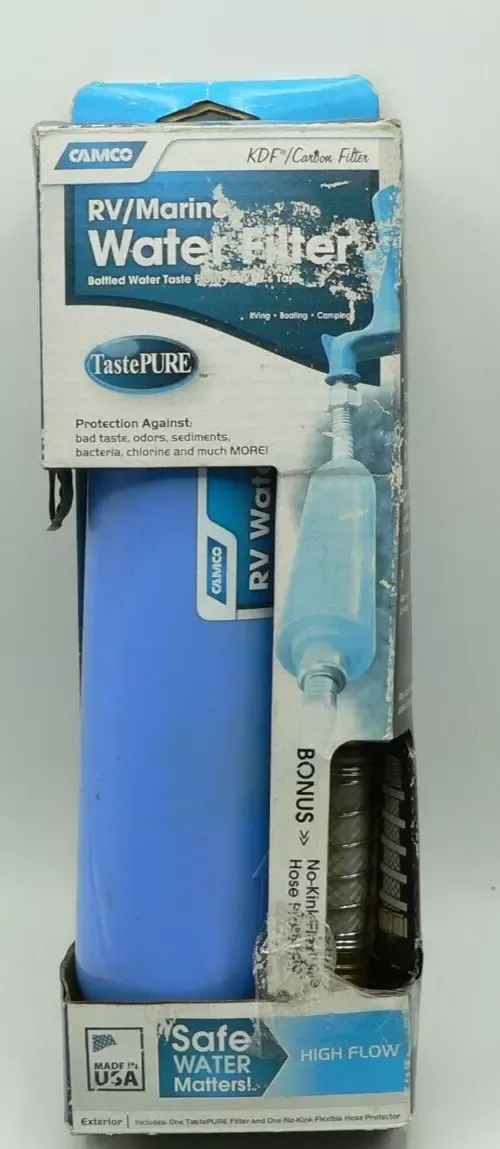 Camco 40043 TastePure RV / Marine Water Filter with Flexible Hose Protector New!