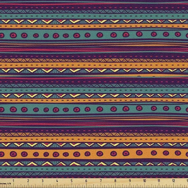 Ambesonne Striped Fabric by the Yard Upholstery, Retro Aztec Art