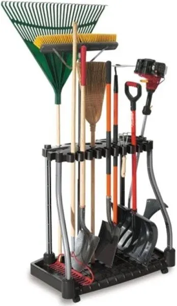 Rubbermaid Garage Tool Tower Rack, Easy to Assemble, Wheeled, Organizes up to 40 Long-Handled Tools/Rakes/Brooms/Shovles in Home/House/Outdoor/Shed, Black