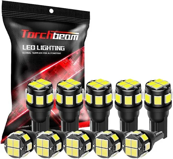 Torchbeam 194 LED Light Bulb, 10PC T10 168 6000K 5SMD 2825 LED Replacement Bulbs for Car Dome Map Door Courtesy License Plate Lights (Pack of 10)