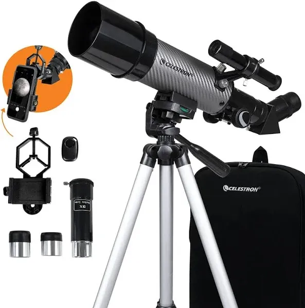 Celestron – 60mm Travel Scope DX – Ideal Portable Refractor Telescope for Beginners – Fully Coated Glass Optics – Bonus Astronomy Software Package – Includes Smartphone Adapter for Digiscoping