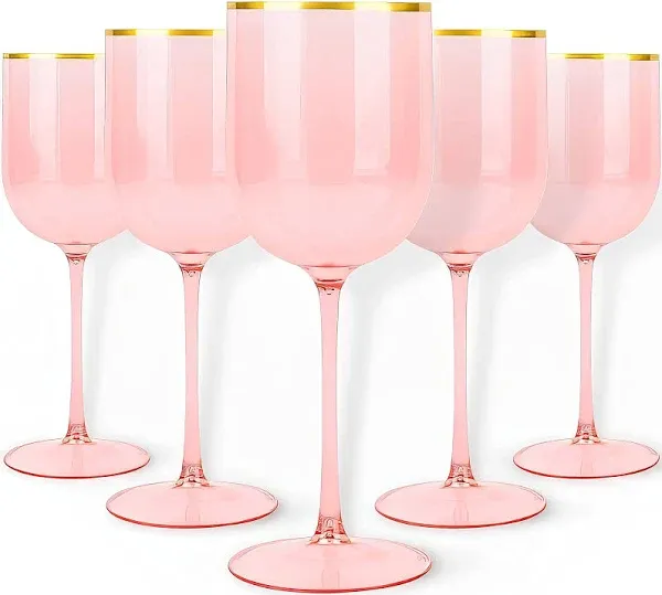 Pink Wine Cup with Gold rim Plastic Wine Glasses Set of 5 Elegant Wine Goblets H