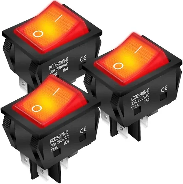 DaierTek 30A 250V KCD2 KCD4 Rocker Switch DPST 4 Pin Red Lighted 120V Rocker Toggle Switch ON Off Heavy Duty T125-3Pack