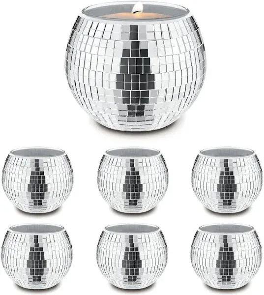 6 PCS Disco Ball Silver Votive Candle Holders,Glass Mirror Candle Holder Disco Ball Candle Holder Disco Ball Candle Vase Can Be Used for Wedding,Dining Table,Party Disco Ball Decoration