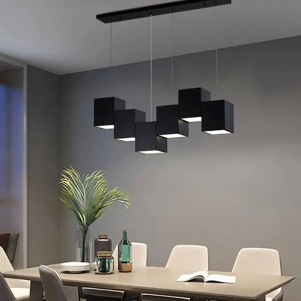 Modern Black Kitchen Island Lighting, Linear Chandeliers for Dining Room 6-Light Square Ceiling Hanging Pendant Light