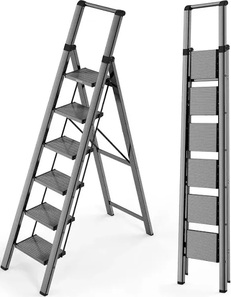 WOA WOA 6 Step Ladder, Lightweight Foldable Ladder with Non-Slip Wide Pedals, Stepladder with Safe Handrail, Space Saving for Home, Kitchen, Indoor & Outdoor 300lbs - Black