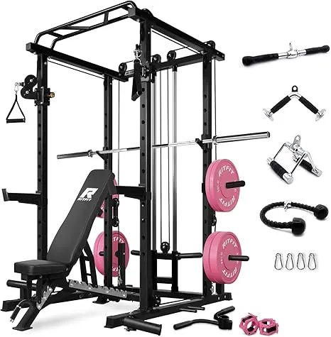 RitFit Multi-Function Squat Rack Power Cage PPC03 with Cable Crossover System, 1000LBS Capacity Power Rack and Packages with Optional Weight Bench, Barbell Weight Set, for Garage Workout & Home Gym