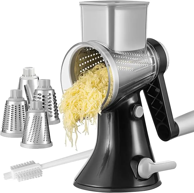 Brieftons 4-Blade Rotary Cheese Grater, Kitchen Food Grater with Handle, Mandoline Vegetable Slicer, Garlic Grater, Nut Grinder, Grater for Cheese, Vegetables, Fruits, Nuts, Easy to Use, Clean & Store