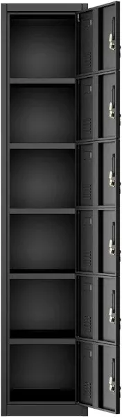 INTERGREAT Metal Locker for Employees with 6 Doors, (72") Black Steel Locker Storage Cabinet with 6 Tiers,Tall Office Storage Lockers for Home Office,School,Gym