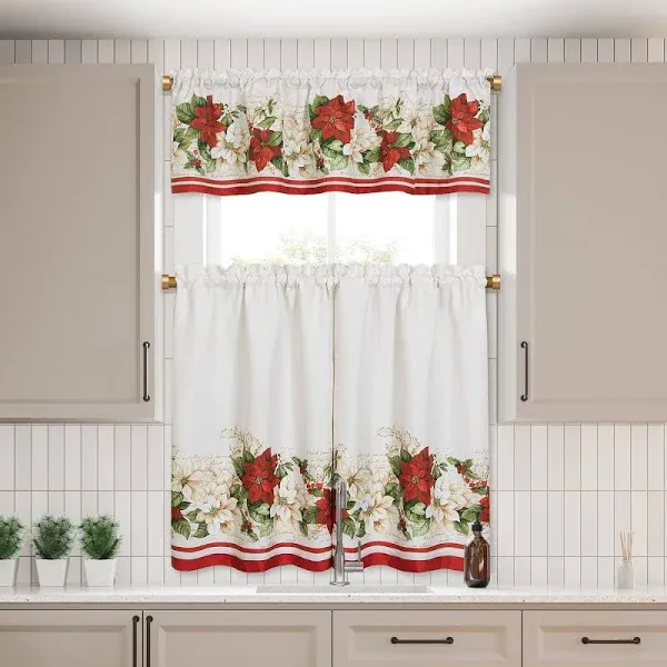 Elrene Home Fashions Red and White Poinsettia Kitchen Tiers and Valance Set