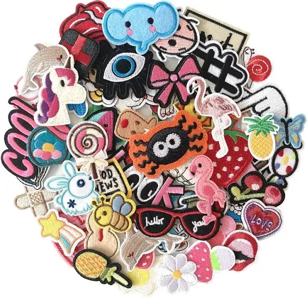 J.CARP 70Pcs Random Assorted Embroidered Iron on Patches, Cute Sewing Applique for Jackets, Hats, Backpacks, Jeans, DIY Accessories