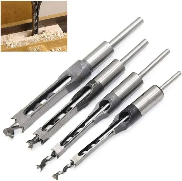 QISF 4Pcs Woodworking Square Hole Drill Bits,Mortise Chisel Hole Saw Drill Bit Set 1/4-1/2-5/16-3/8 inch