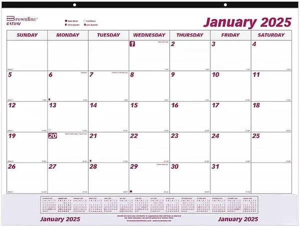 2025 Brownline 22&#034; x 17&#034; Monthly Desk or Wall Calendar White/Purple (C1731V)