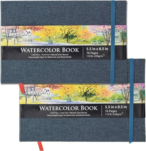 U.S. Art Supply 5.5" x 8.5" Watercolor Book, 2 Pack, 76 Sheets, 110 lb - Linen-Bound Hardcover Paper Pads, Acid-free, Cold-Pressed Painting Sketchbook