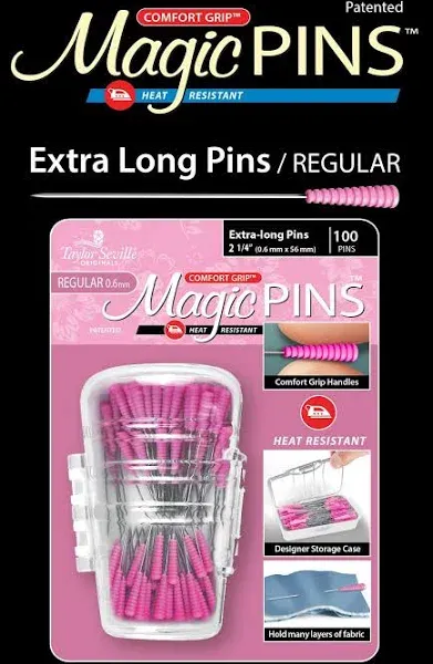 Taylor Seville Originals Comfort Grip Magic Pins Extra Long Regular -Quilting Supplies-Sewing Supplies-Sewing Notions-100 Count