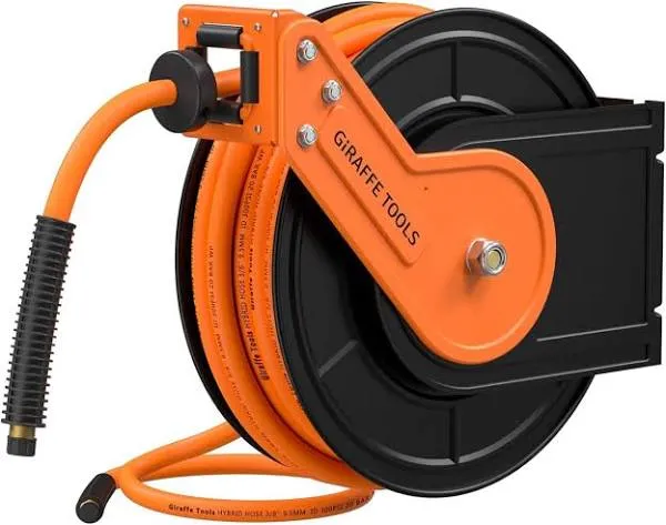 Giraffe Tools TA15 Retractable Air Hose Reel Swivel 3/8" x 50 ft Hybrid Hose, Max 300 psi, Ceiling/Wall Mounted Heavy Duty Industrial Commercial Air