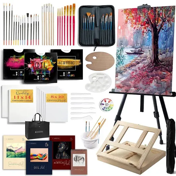 Large Deluxe Artist Painting Set, 139-Piece Professional Art Paint Supplies Kit w/Aluminum Field & Wood Table Easel for Adults, Acrylic, Oil, Watercolor Paints, Brushes, Canvases, Sketch Pads & More