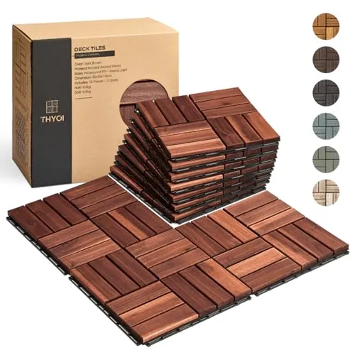 10 Pcs Interlocking Deck Tiles 12" x 12", Patio Flooring Outdoor Waterproof, Acacia Wood Tiles All Weather, Floor Tiles for Balcony, Backyard, Indoor and Outdoor use (Brown)