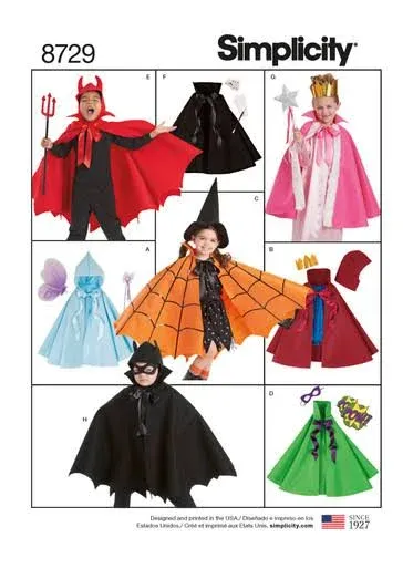 Simplicity R10326/ 8729 Childs Caped Costumes Sewing Pattern Size S-L Uncut