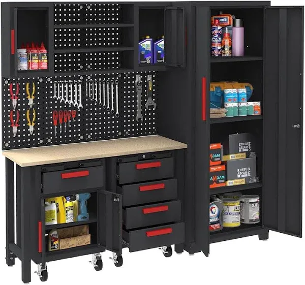 GSTANDARD 6 Piece Garage Cabinets Storage System: Includes Steel Cabinets, Drawers, Rolling Chest and Pegboard, Garage Workbench with Storage - Perfec