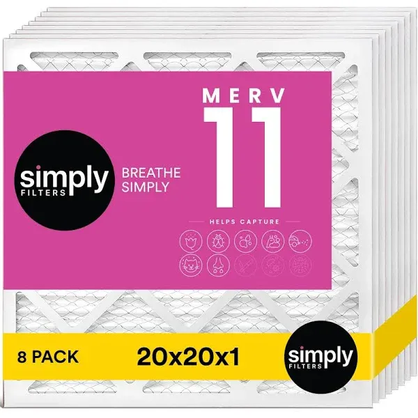 Simply Filters 20x20x1 MERV 11, MPR 1000 Air Filter (8 Pack) - Actual Size 19.75"x19.75"x0.75", HVAC, AC, Furnace, Air Pleated Filter