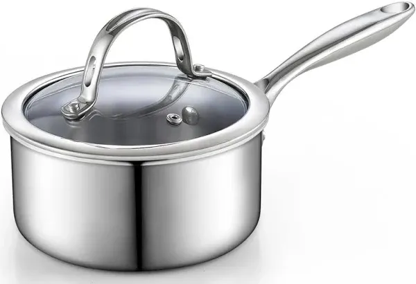 Cook N Home Stainless Steel Saucepan 3 Quart, Tri-Ply Full Clad Sauce Pan with Glass Lid, Silver