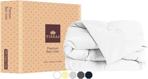 Tissaj Organic Cotton Duvet Cover GOTS Certified – Soft & Smooth Sateen Weave – Secure Fit with Corner Ties & Envelope Closure