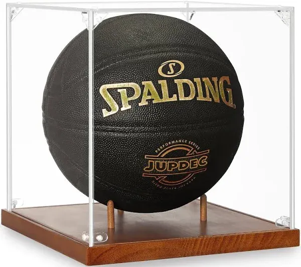 JupDec Basketball Display Case Acrylic Clear 10" Full Size with Solid Wood Base, UV Protected Soccer Display Stand Box for Autographed Standard NBA WNBA Ball Memorabilia Keepsake Ideal Gift Athlete