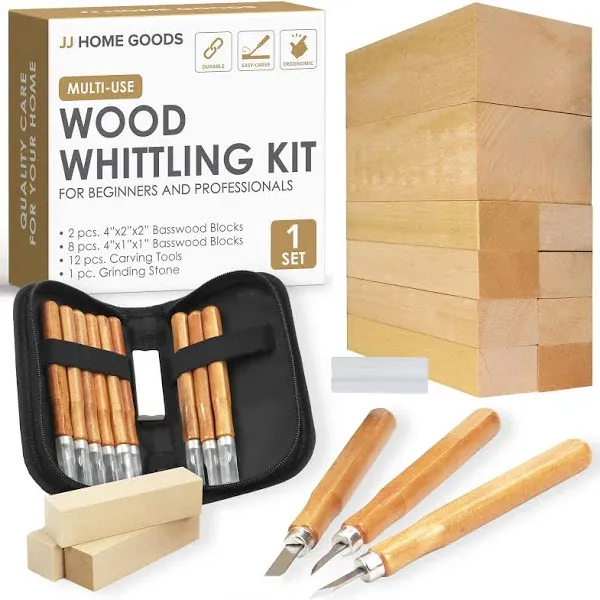 JJ CARE Wood Carving Kit [12 SK2 Wood Carving Knives with Case, 10 Basswood Carving Blocks, and 1 Grinding Stone] - Beginner Wood Carving Kit, Wood Carving Tools Set, Wood Carving Set for Kids