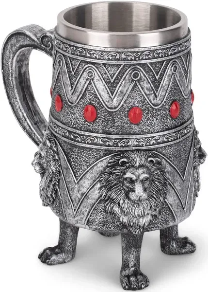 Cottage Garden Lion Antique Silver Jeweled 14 ounce Resin Goblet Chalice Mug