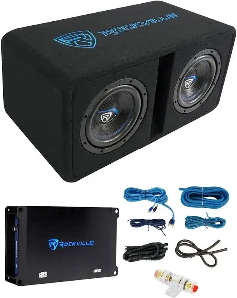 Rockville Dk58 Package Dual 8" 1600W Loaded K5 Car Subwoofer Enclosure+DB11 Amp, Black