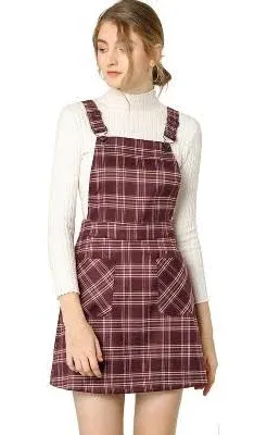 Allegra K Adjustable Strap Above Knee Plaid Printed Overall Suspender Skirt