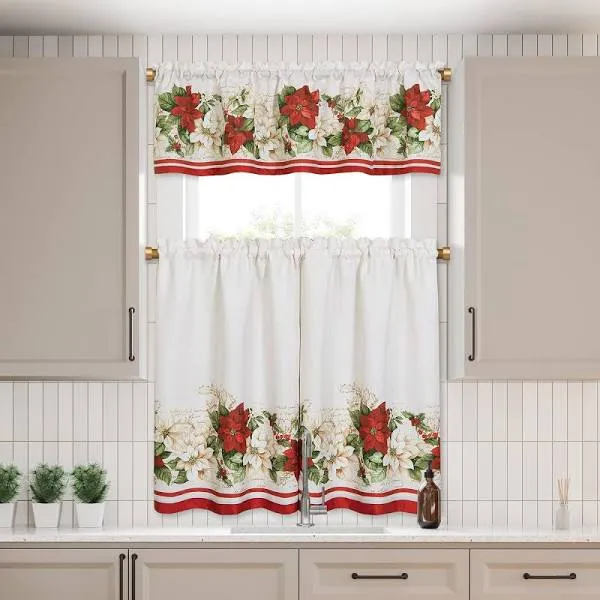 Red and White Poinsettia Kitchen Curtain Valance and Tier