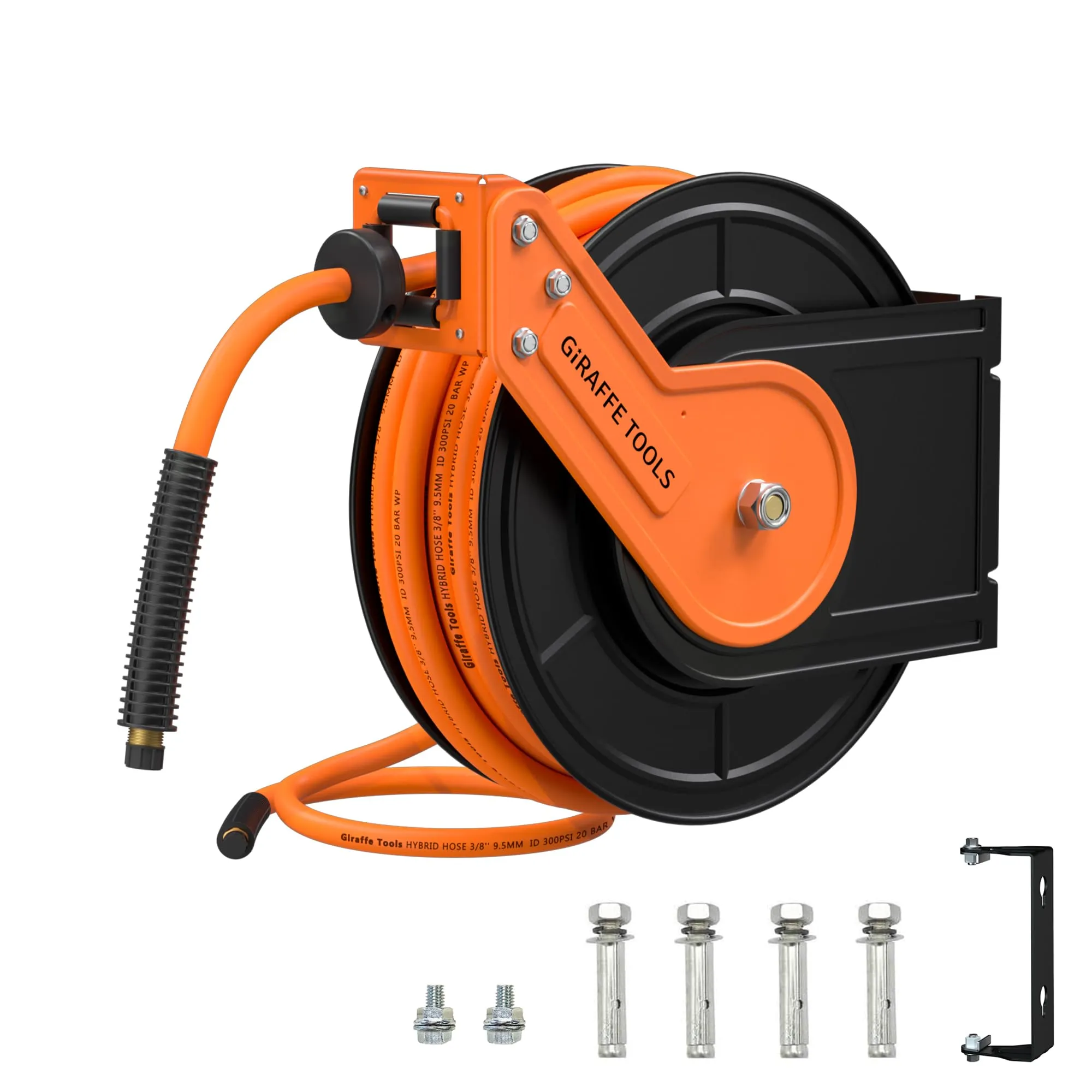 Giraffe Tools TA15 Retractable Air Hose Reel Swivel 3/8" x 50 ft Hybrid Hose, Max 300 PSI, Ceiling/Wall Mounted Heavy Duty Industrial Commercial Air Compressor Reel, 50ft, Tangelo