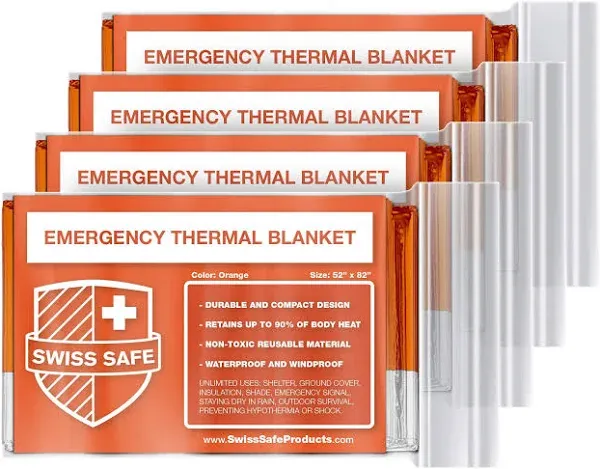 Swiss Safe 4 Pack Mylar Emergency Blankets for Survival - Compact & Insulated for Cold Weather - Designed for NASA, Outdoor, Running, Camping, Survival, First Aid Car Kit - Woodland Camo, 4 Pack