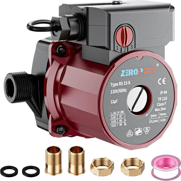 ZeroPone Recirculating Pump, 93W Water Circulator Circulating Pump NPT 3/4" W/npt 1/2" Adapter, 15-6C 3-Speed Control Recirculation for Electric