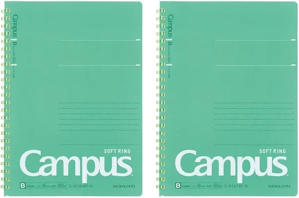 Kokuyo Campus Soft Ring Notebook, Semi-B5, B 6mm Dot Ruled, 34 Lines, 40 Sheets, Green, Set of 2, Japan Import (SU-S111BT-G)